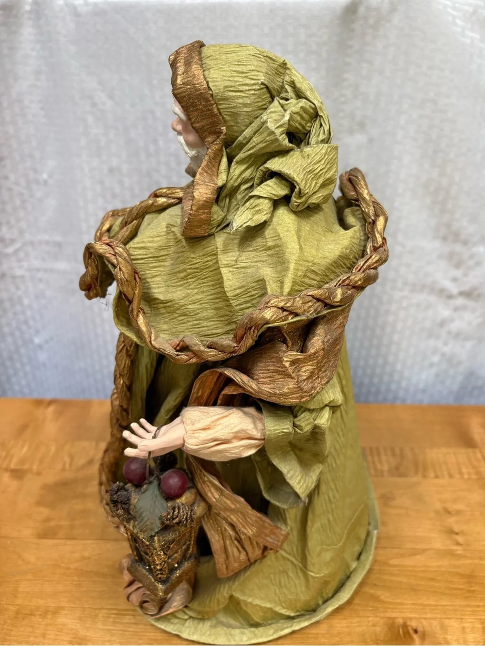 Green and Gold Hooded Santa with Lantern Tree Topper/Figurine Approximately 16”
